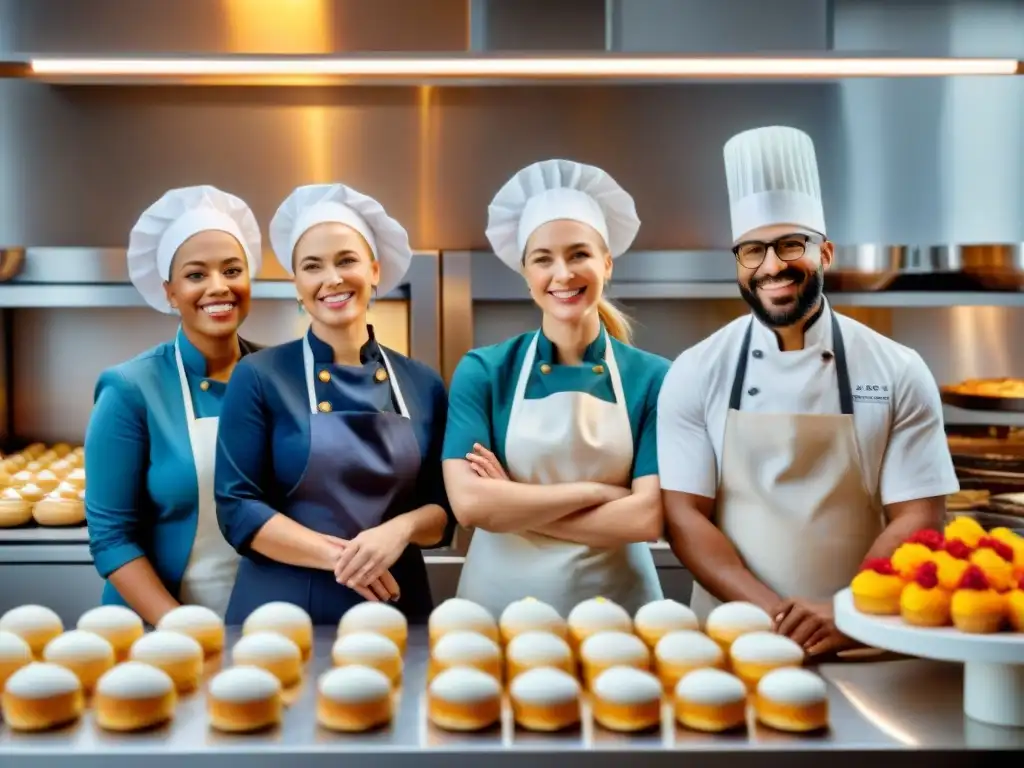 Un grupo diverso de panaderos sonrientes creando recetas innovadoras sin gluten en una cocina moderna llena de ingredientes coloridos y herramientas de alta tecnología