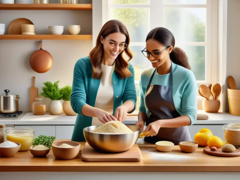 Un grupo diverso disfruta preparando panes sin gluten sin lácteos juntos en la cocina, creando una atmósfera cálida y alegre