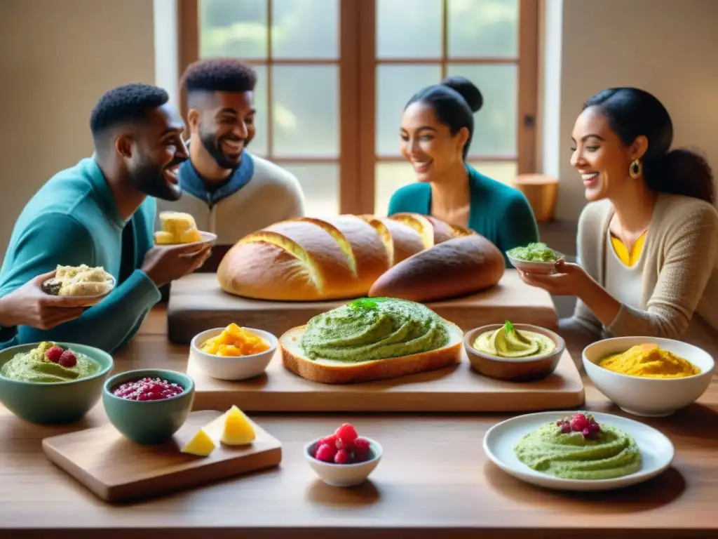 Un grupo diverso comparte panes sin gluten sin lácteos en una mesa rústica, en una escena acogedora y llena de alegría en Panadería Sin Fronteras