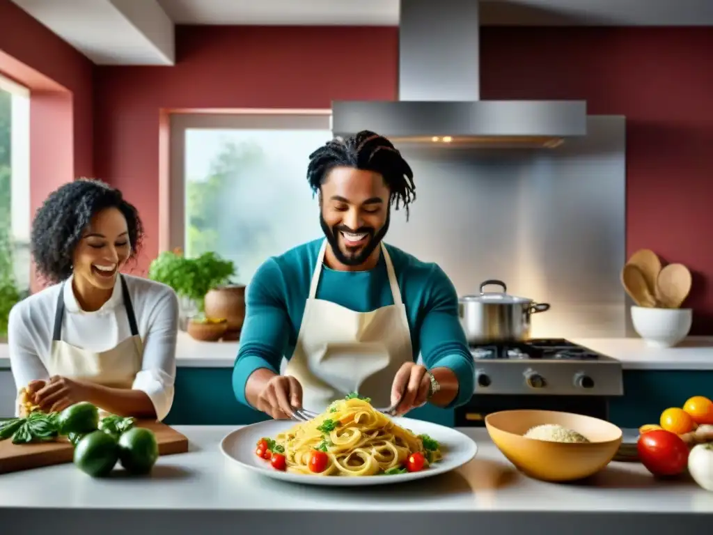 Un grupo diverso disfruta cocinando pasta sin gluten juntos en una cocina moderna y luminosa