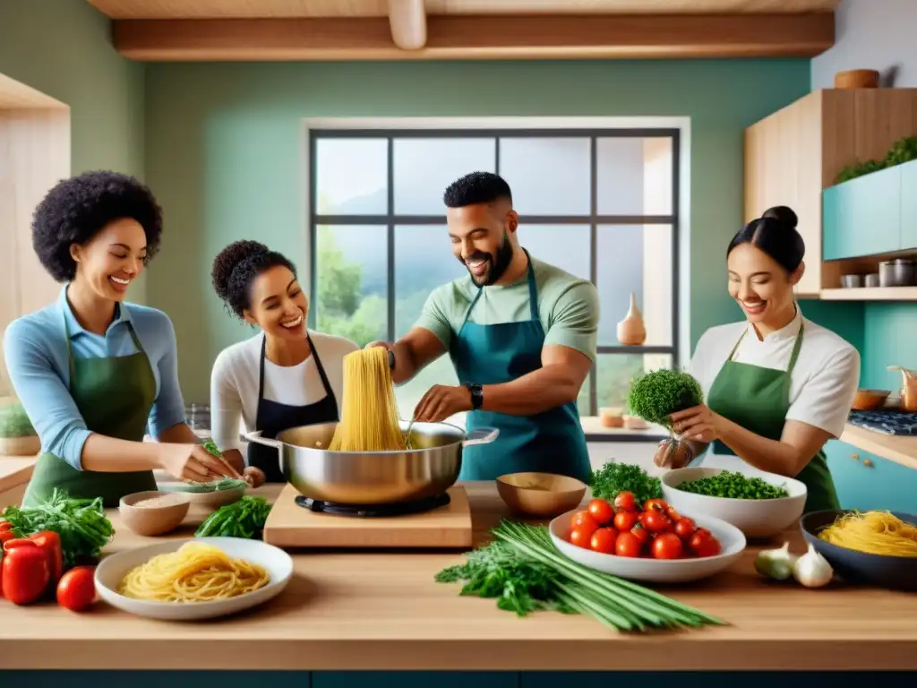 Un grupo diverso disfruta cocinando pasta sin gluten juntos en una cocina moderna y luminosa