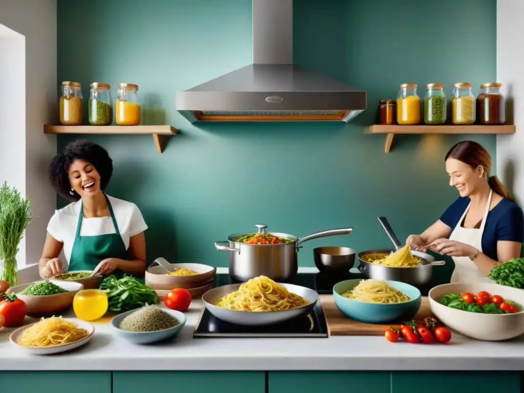 Un grupo diverso disfruta cocinando y saboreando pasta sin gluten en una cocina moderna y luminosa