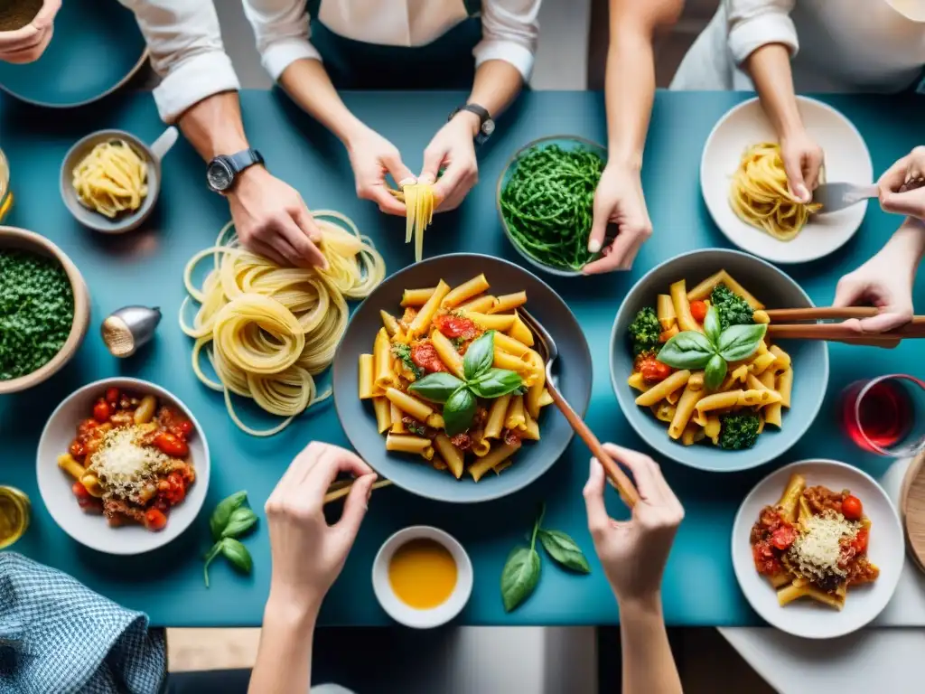 Grupo diverso disfruta cocinando y comiendo pastas sin gluten juntos en una mesa alegre