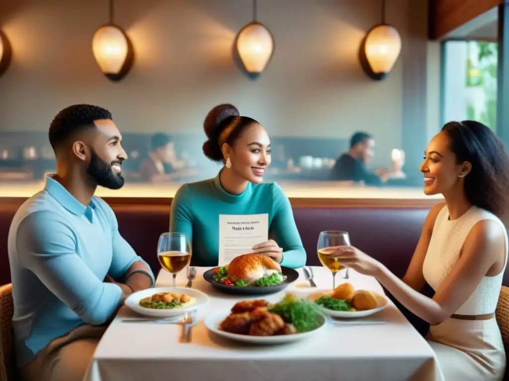 Un grupo diverso de personas con alergias alimentarias en un restaurante seguro, discutiendo menús con el camarero