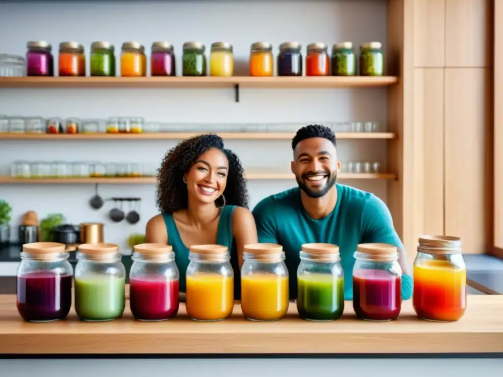 Un grupo diverso de personas disfruta sonriendo de bebidas probióticas caseras sin gluten en una cocina acogedora y soleada