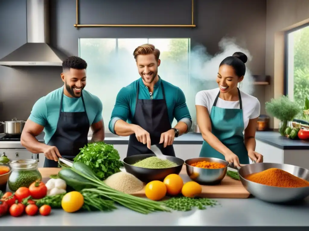 Clase de cocina glutenfree: detallada y realista Un grupo diverso de personas en una clase de cocina preparando deliciosas comidas sin gluten ricas en hierro