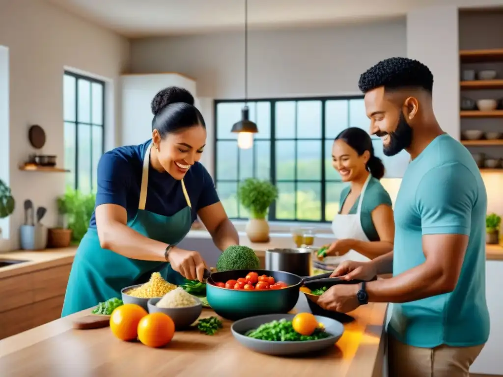 Un grupo diverso de personas cocina feliz en una cocina moderna, mostrando una atmósfera cálida y acogedora