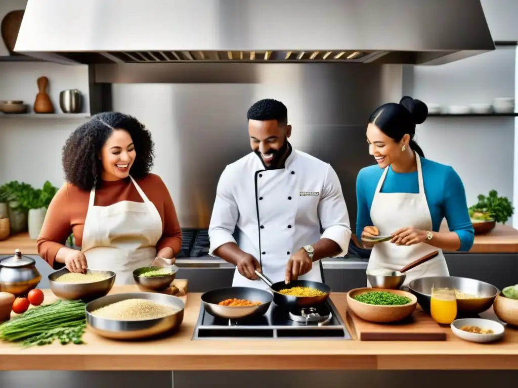 Un grupo diverso de personas cocina feliz en una cocina moderna, llena de ingredientes sin gluten y utensilios tradicionales