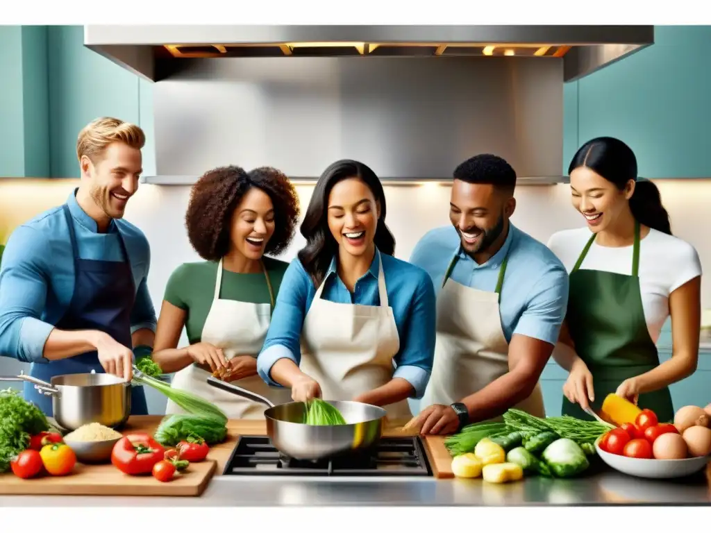 Un grupo diverso de personas cocina alegremente juntas en una cocina moderna y luminosa, llena de ingredientes frescos sin gluten