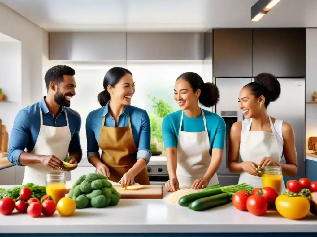 Un grupo diverso de personas cocina feliz en una cocina moderna y luminosa, llena de ingredientes sin gluten, durante cursos de verano sin gluten