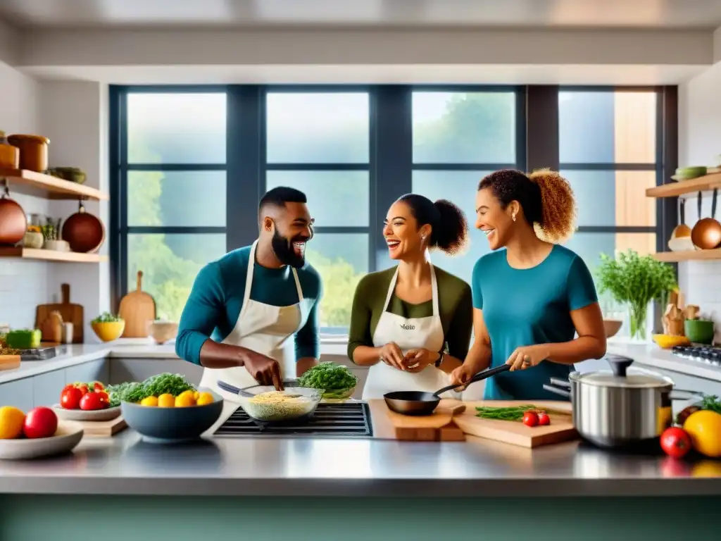 Un grupo diverso de personas ríe y cocina juntas en una cocina moderna y espaciosa, compartiendo recetas sin gluten innovadoras y divertidas