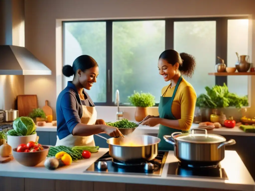 Un grupo diverso de personas cocina juntas en una cocina moderna y luminosa, preparando recetas internacionales sin gluten deliciosas