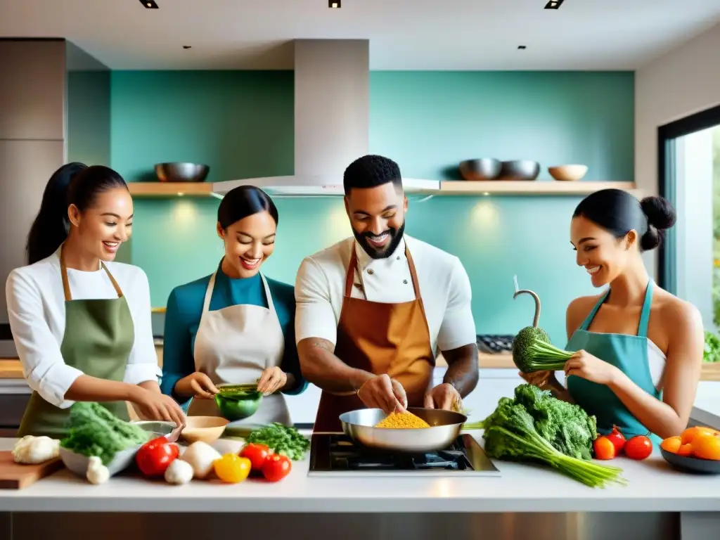 Un grupo diverso de personas cocina feliz en una cocina moderna y luminosa