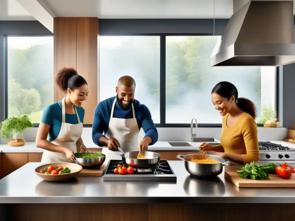 Un grupo diverso de personas cocina juntas en una cocina moderna y espaciosa, preparando recetas sin gluten del libro 'Recetas sin gluten innovadoras'