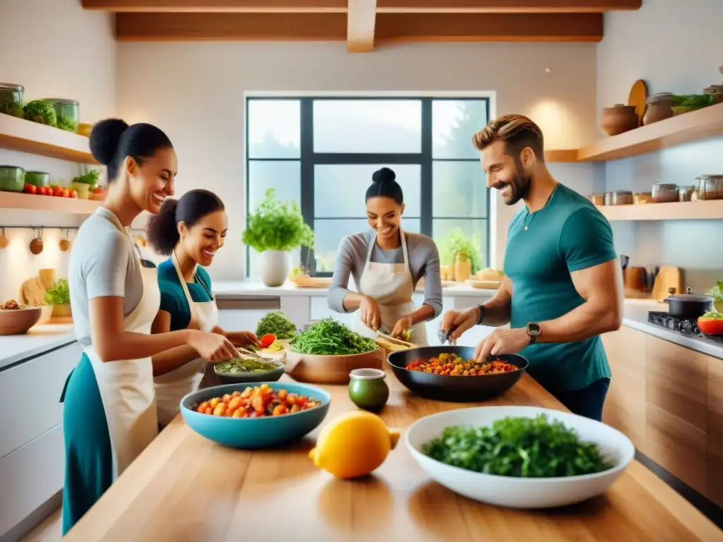 Un grupo diverso de personas cocina alegremente platos veganos sin gluten en una cocina moderna y soleada, desmitificando mitos