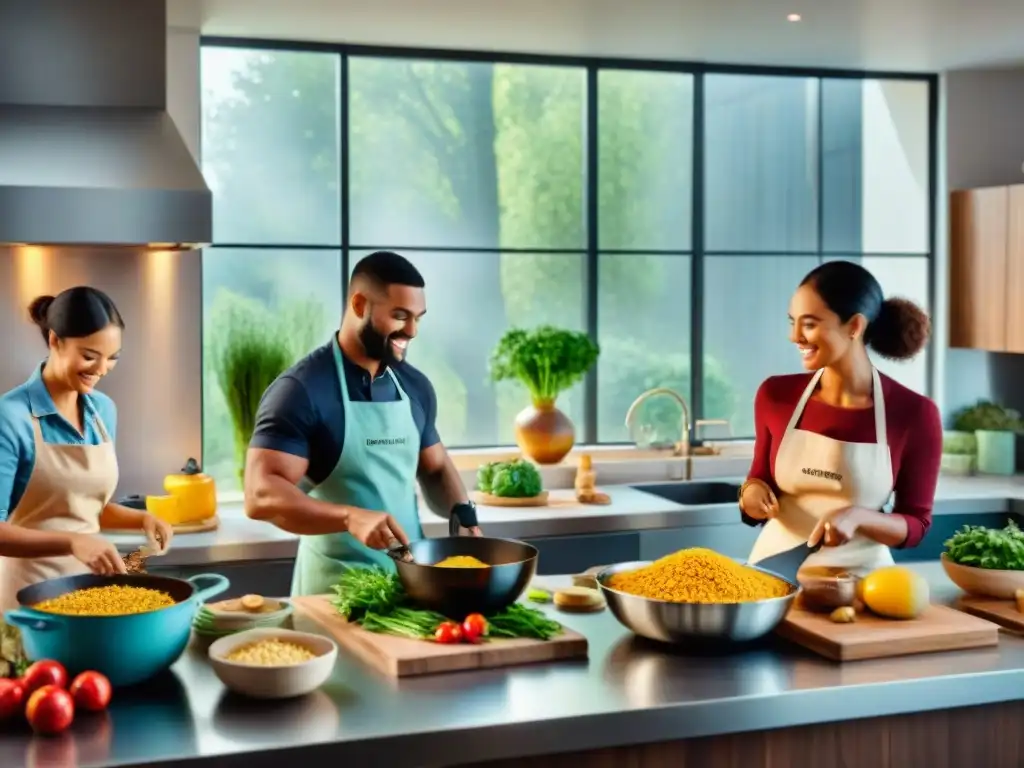 Un grupo diverso de personas cocina alegremente en una cocina moderna, preparando recetas sin gluten innovadoras