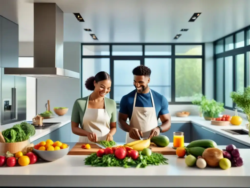 Un grupo diverso de personas sonríe y cocina juntos en una moderna y espaciosa cocina sin gluten innovadora y saludable