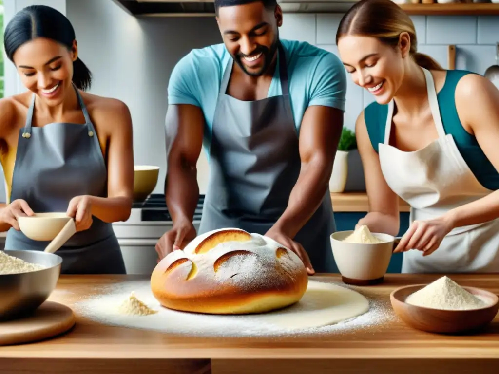 Un grupo diverso de personas en una cocina haciendo pan sin gluten recetas innovadoras