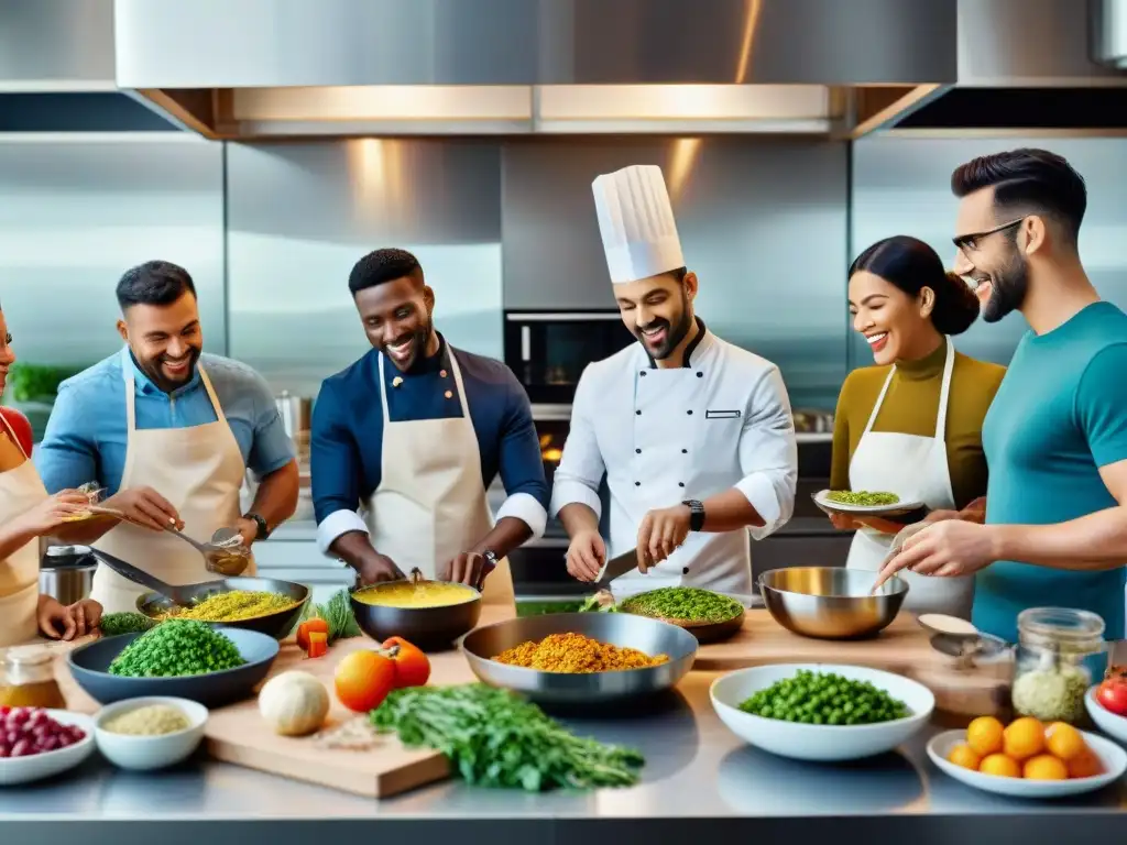 Un grupo diverso de personas cocina y comparte platos innovadores sin gluten en una cocina moderna, creando una atmósfera de creatividad y comunidad