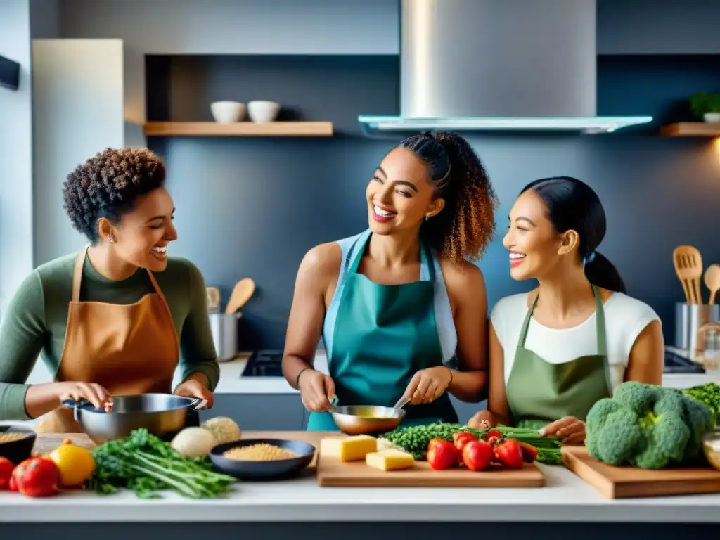 Un grupo diverso de personas cocina con alegría en una cocina moderna, con ingredientes innovadores sin gluten