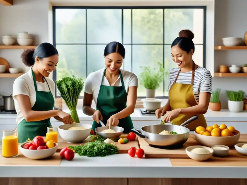 Un grupo diverso de personas cocina felizmente juntas en una cocina serena, preparando comidas sin gluten