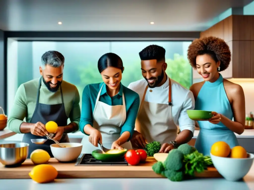 Un grupo diverso de personas cocina felizmente en una cocina moderna, rodeados de ingredientes sin gluten