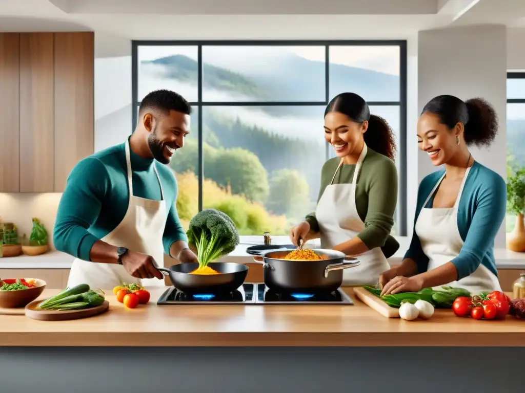 Un grupo diverso de personas cocina juntas en una cocina moderna, con ingredientes vibrantes en la encimera