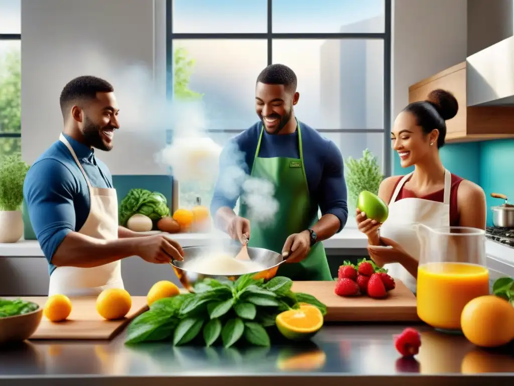 Un grupo diverso de personas cocina feliz en una cocina moderna, con edulcorantes sin gluten innovadores