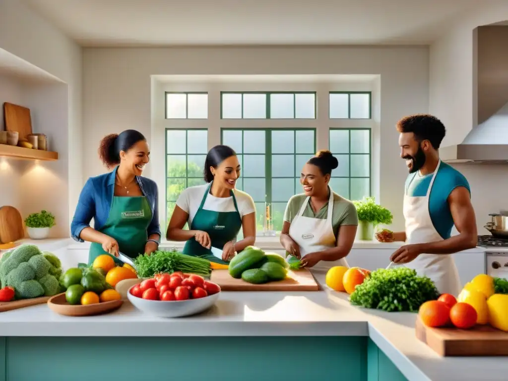 Un grupo diverso de personas cocinando en una cocina sin gluten, compartiendo consejos de cocina sin gluten contaminación