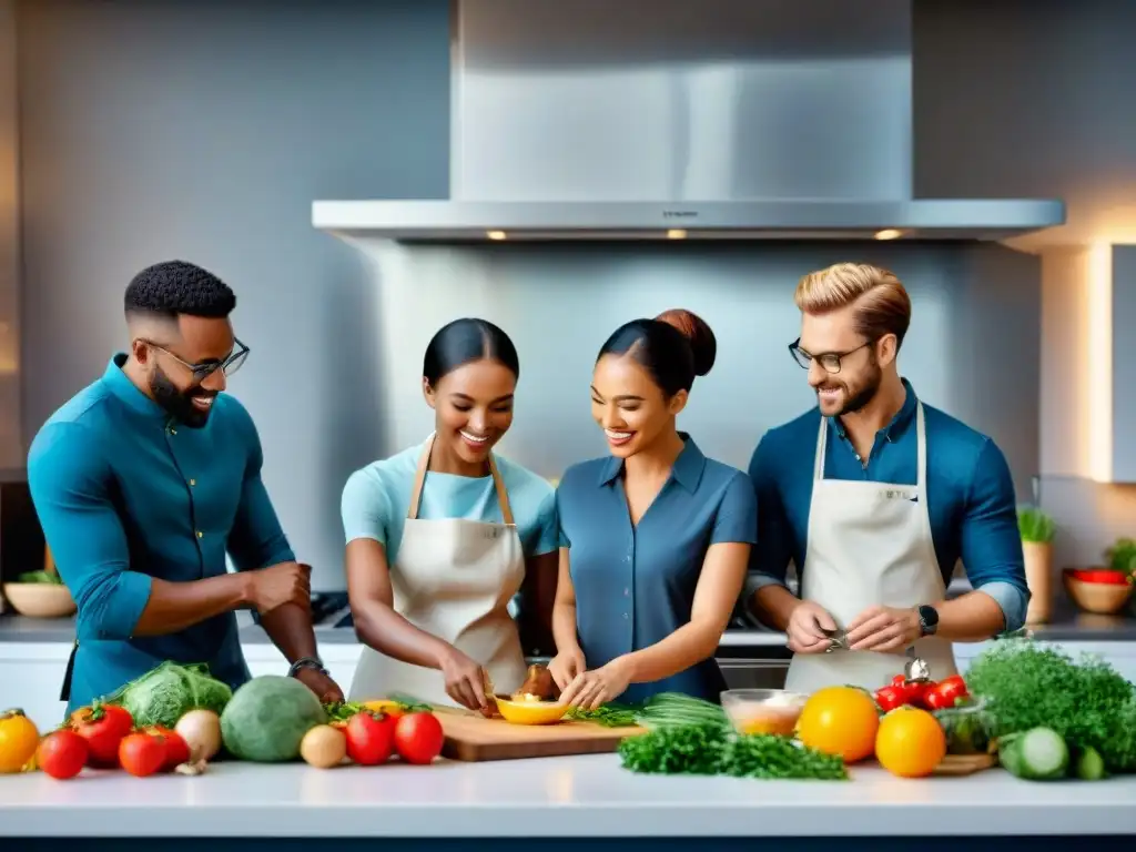 Un grupo diverso de personas cocina feliz en una cocina moderna y luminosa, llena de ingredientes frescos