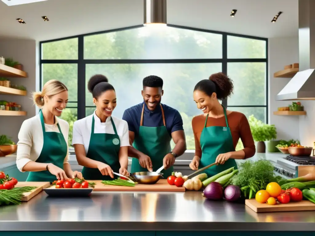 Un grupo diverso de personas cocina con alegría en una amplia cocina moderna, llena de ingredientes gourmet sin gluten