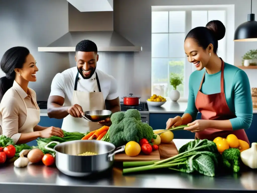 Un grupo diverso de personas cocina alegremente juntos en una cocina moderna y luminosa, llena de ingredientes frescos y coloridos