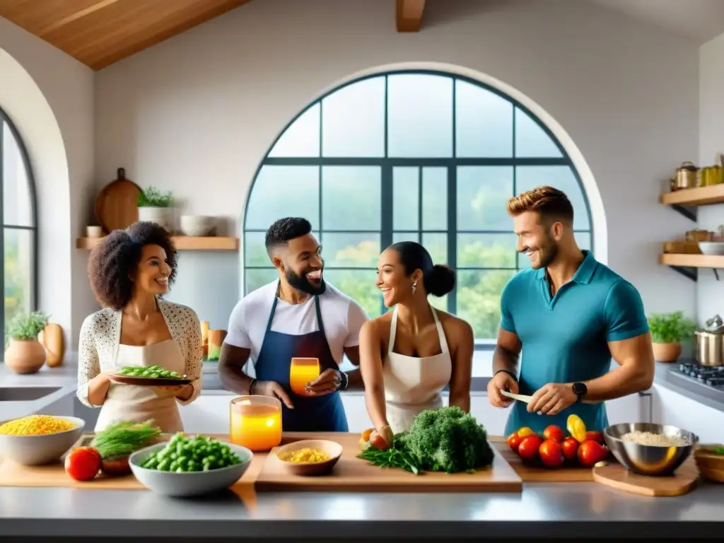 Un grupo diverso de personas cocina alegremente en una cocina moderna, rodeado de ingredientes frescos y libros de recetas sin gluten innovadoras