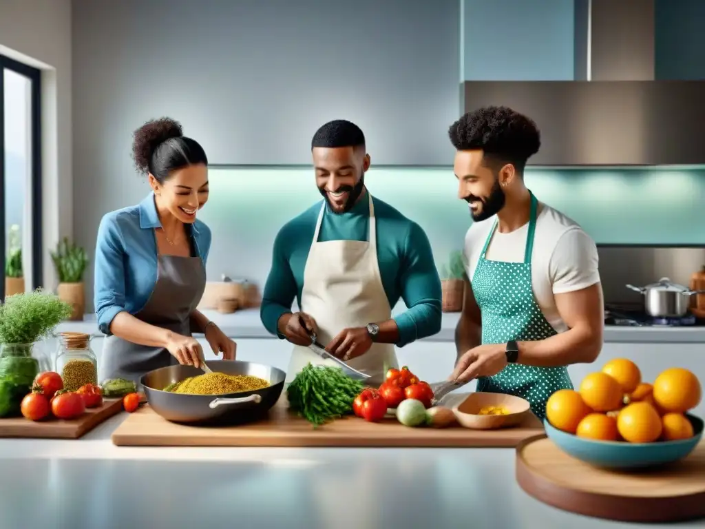 Un grupo diverso de personas cocina feliz en una cocina moderna y luminosa, preparando comidas sin gluten