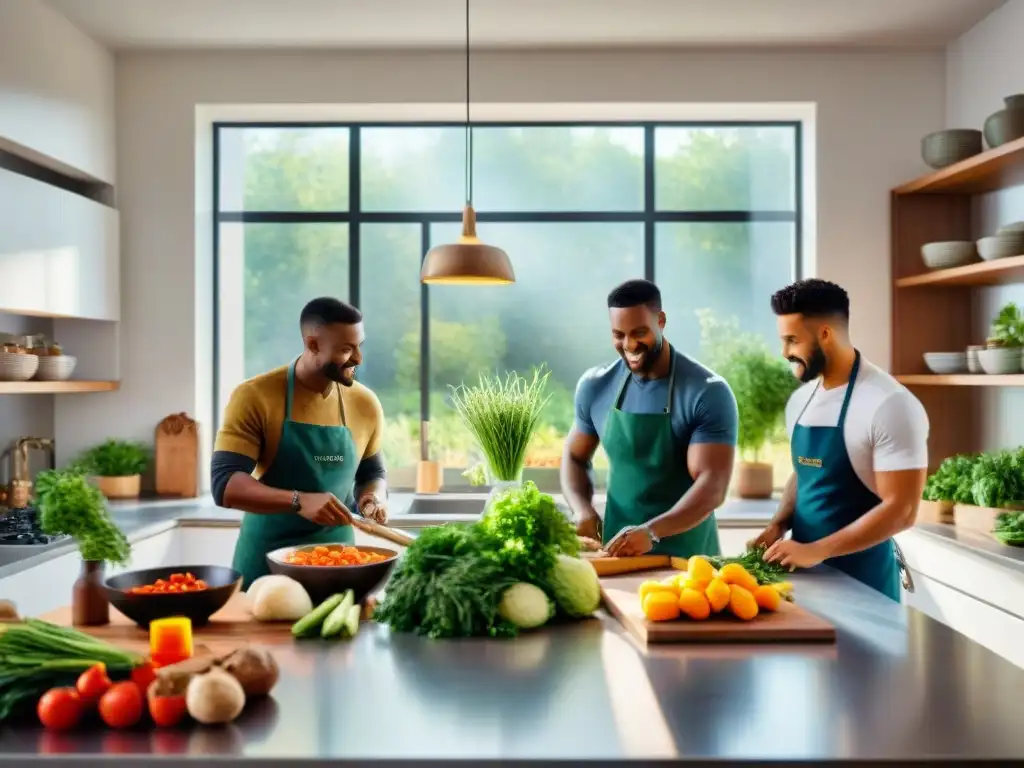 Un grupo diverso de personas cocina feliz en una amplia cocina moderna llena de ingredientes sin gluten, planeando comidas