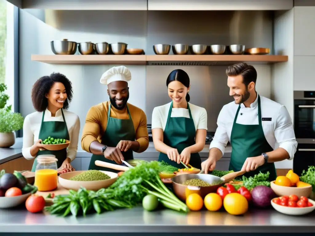 Un grupo diverso de personas cocina con pasión en una cocina moderna y bien equipada, rodeados de ingredientes frescos y coloridos