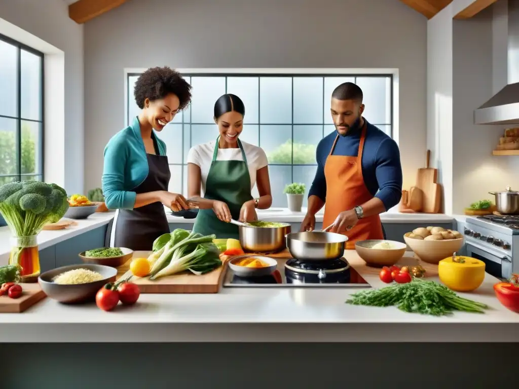 Un grupo diverso de personas colaborando en la cocina, preparando comidas sin gluten con ingredientes coloridos