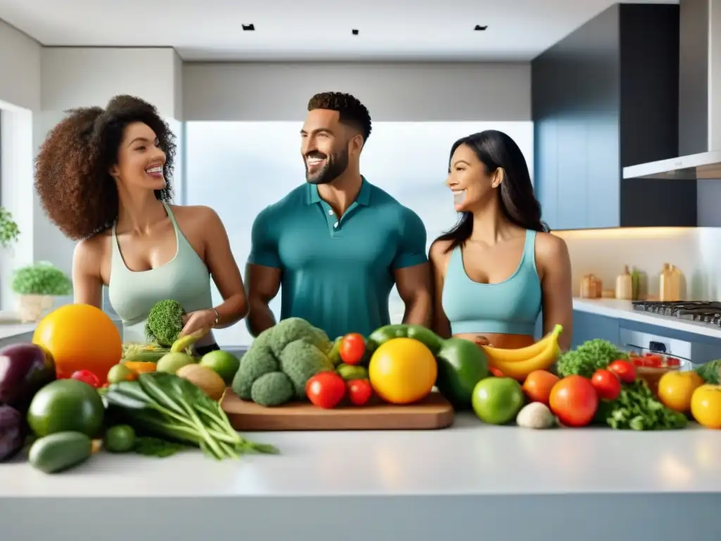 Un grupo diverso de personas cocina feliz en una cocina moderna y luminosa, llena de frutas, verduras y suplementos vitamínicos