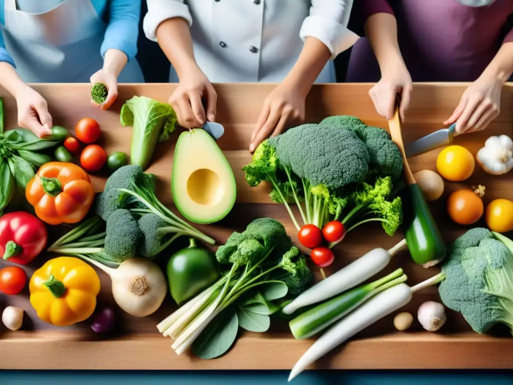 Un grupo diverso de personas cocina y comparte una comida con ingredientes frescos en una mesa de madera