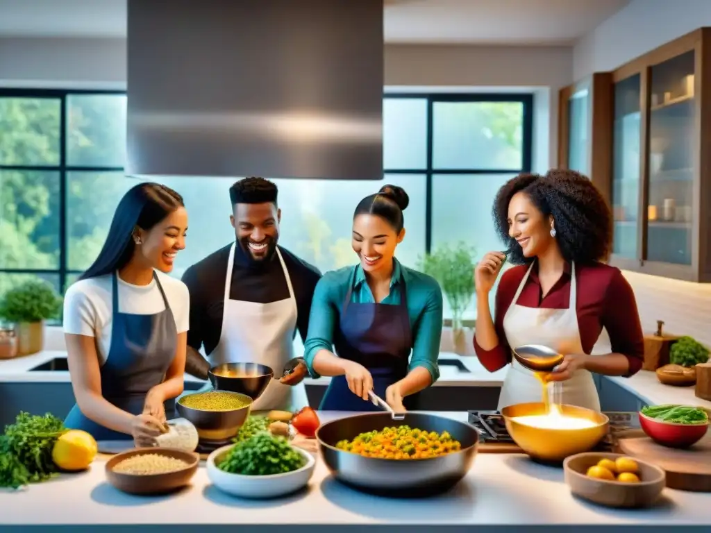 Un grupo diverso de personas cocina feliz en una cocina moderna, con ingredientes sin gluten y libros de recetas