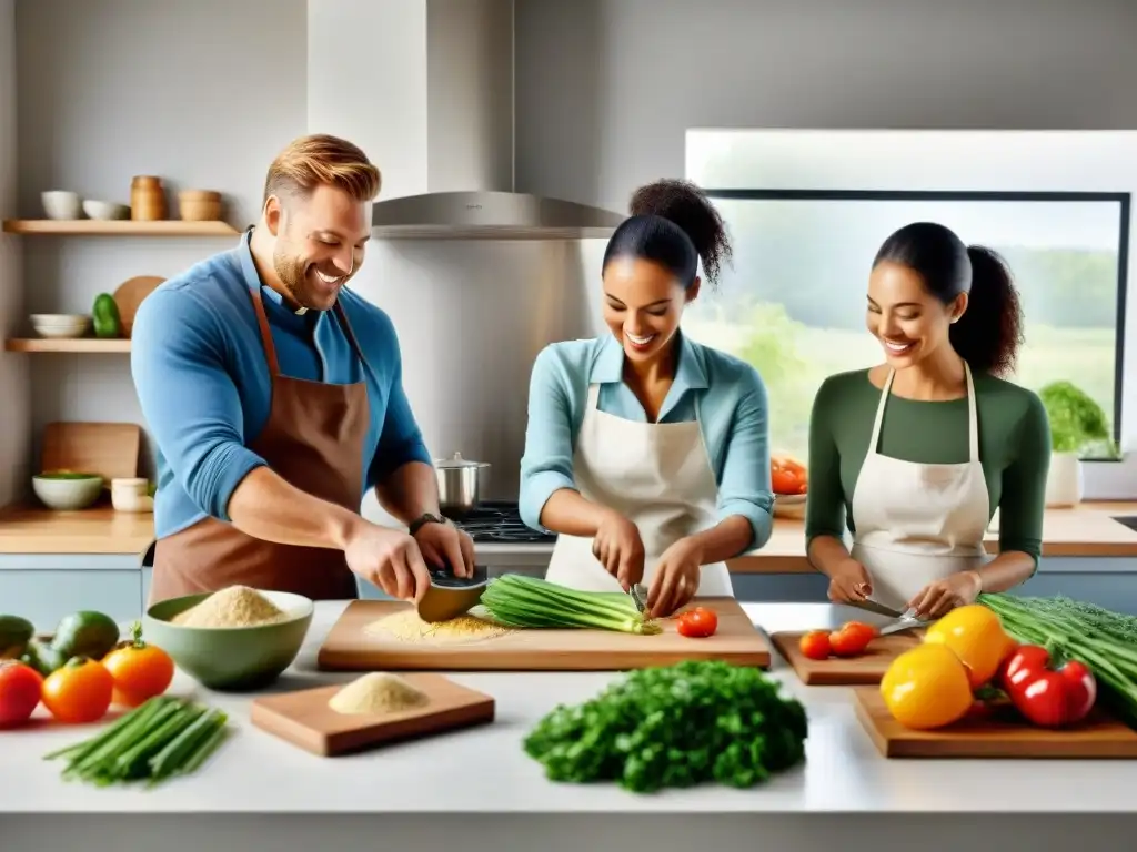 Un grupo diverso de personas colaborando en la cocina con libros de recetas sin gluten, creando un ambiente alegre y colaborativo