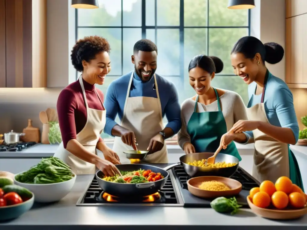 Un grupo diverso de personas cocina feliz en una cocina moderna y espaciosa, llena de ingredientes frescos y coloridos sin gluten