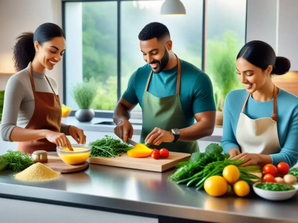 Un grupo diverso de personas cocina juntas en una cocina luminosa, usando ingredientes sin gluten