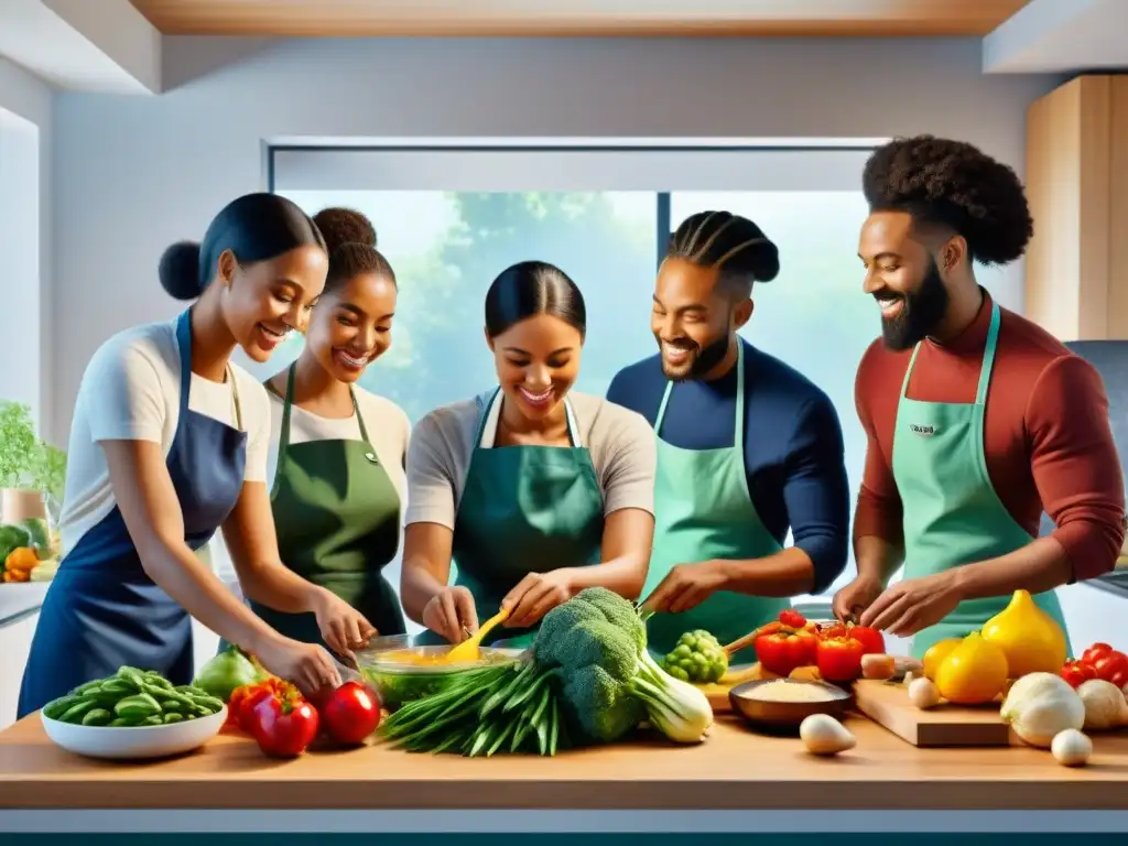 Un grupo diverso de personas cocina feliz en una cocina moderna, llena de ingredientes sin gluten, en una atmósfera cálida de comunidad unida