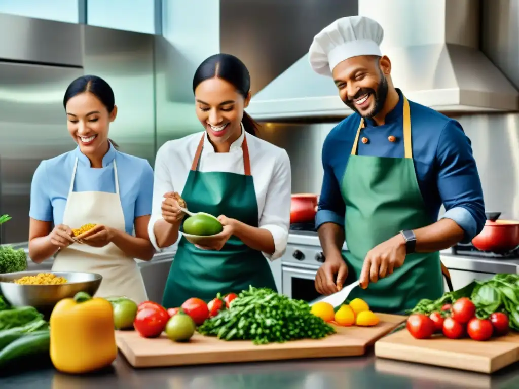 Un grupo diverso de personas cocina con entusiasmo en una amplia cocina moderna llena de ingredientes orgánicos