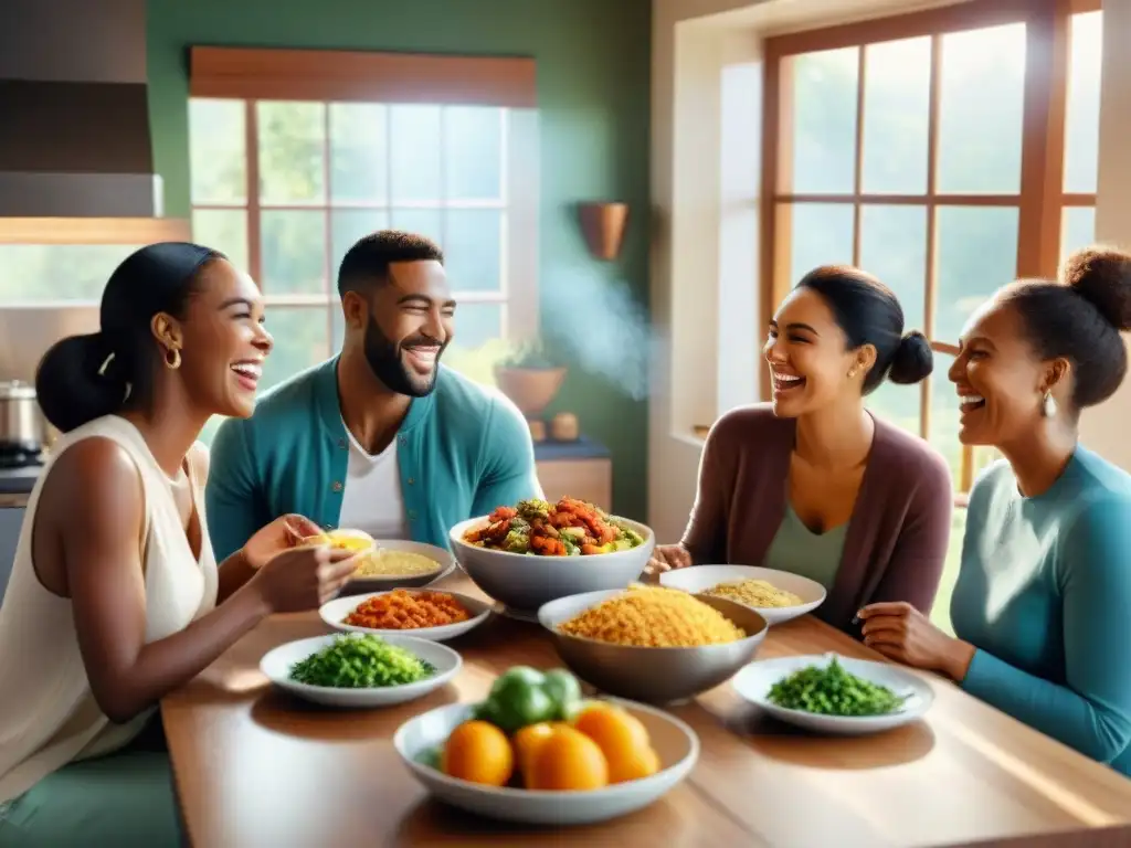 Un grupo diverso de personas disfrutando de una comida en un ambiente cálido y acogedor