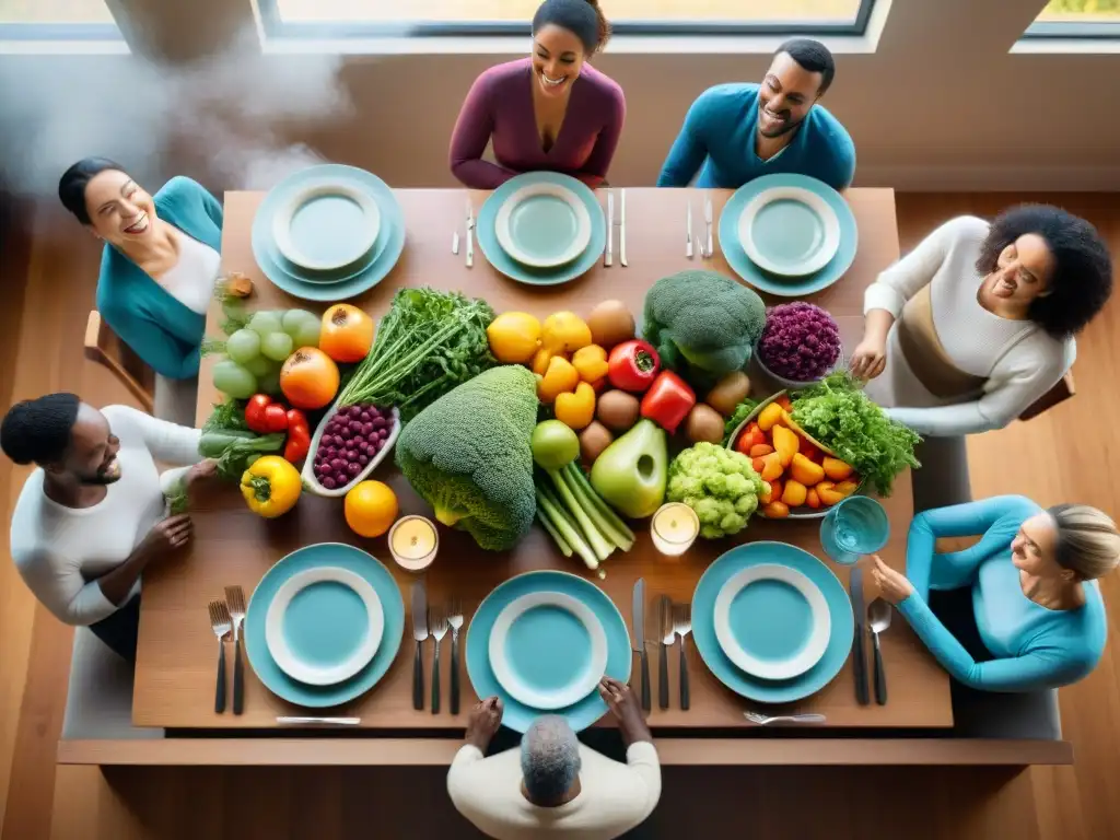 Un grupo diverso de personas disfruta de una comida sin gluten en una mesa bellamente decorada