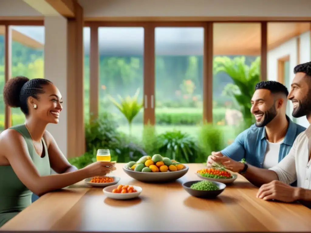 Un grupo diverso de personas disfruta de una comida saludable sin gluten en un ambiente acogedor y cálido, rodeados de suplementos para celíacos