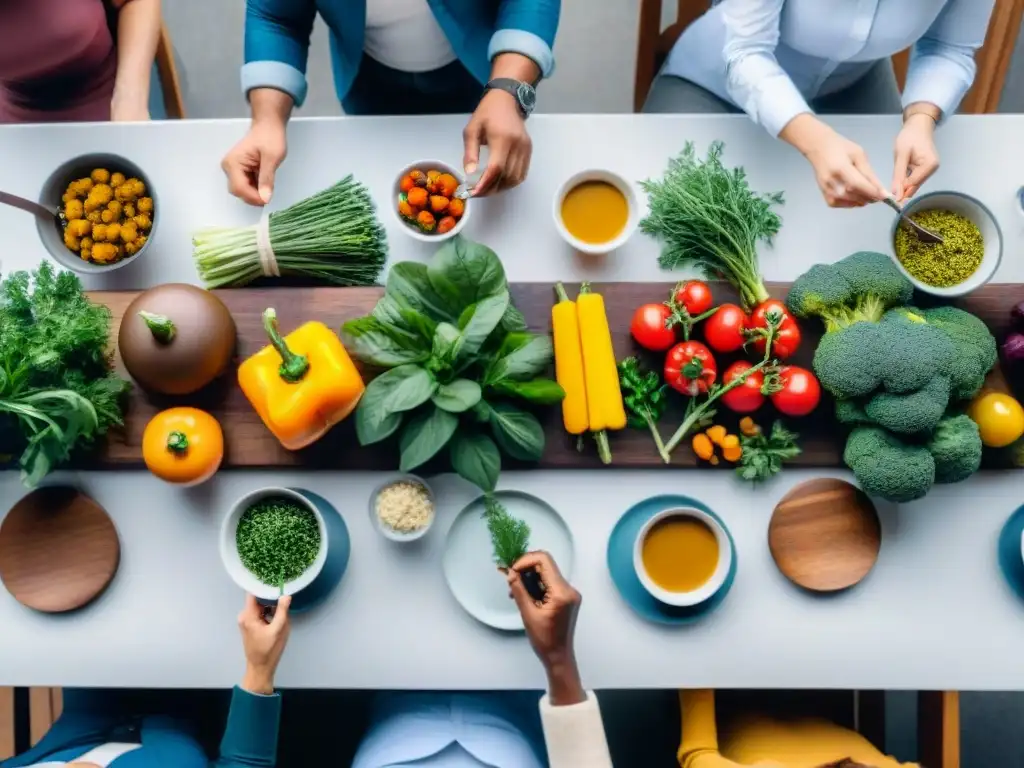 Un grupo diverso de personas disfruta de una comida deliciosa y sin gluten preparada con técnicas de sousvide, rodeados de una decoración elegante