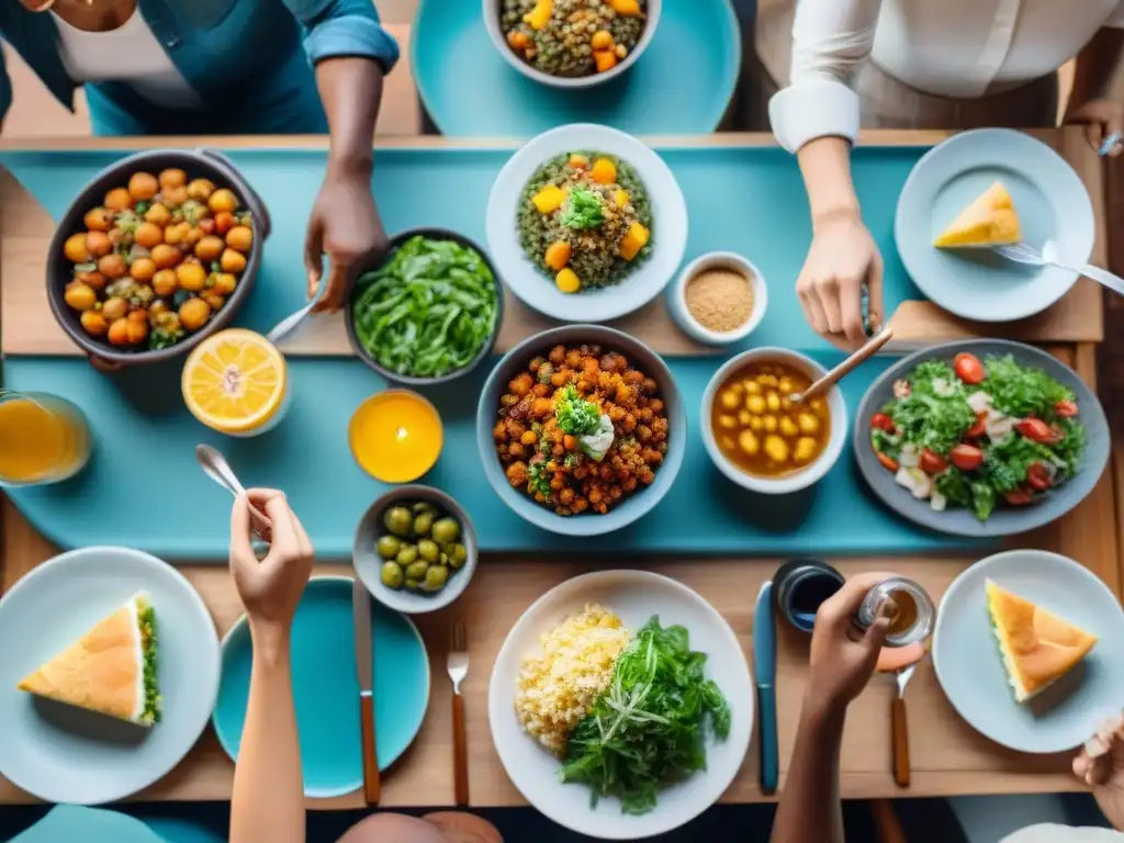 Un grupo diverso de personas comparte una comida, riendo y disfrutando en un ambiente inclusivo con platos sin gluten